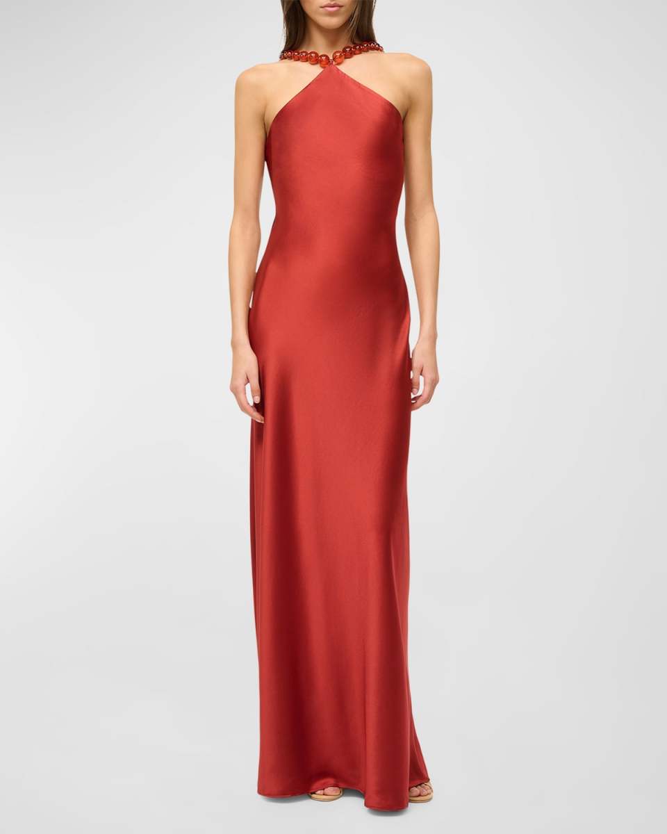 Cadence Beaded Halter Satin Maxi Dress